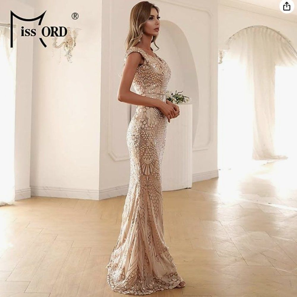 Missord Champagne Beaded Mermaid Prom Dress